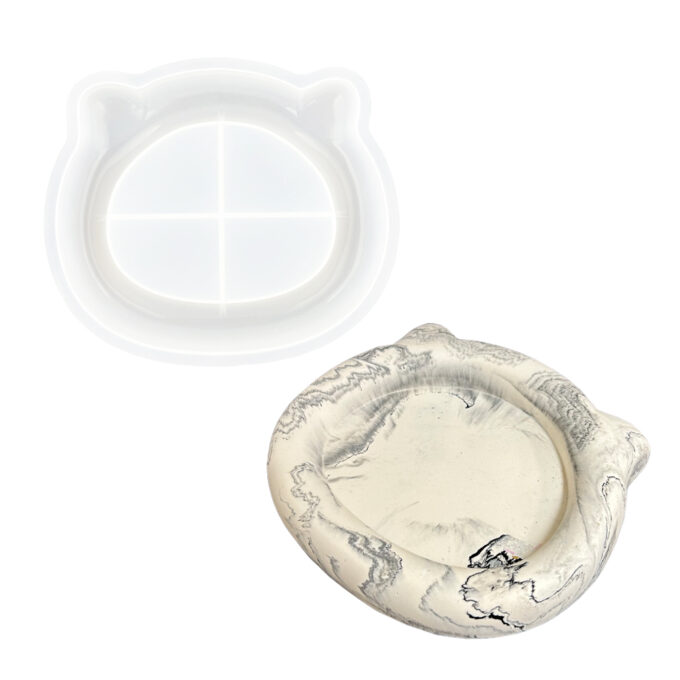 Silicone mould for casting a Jesmonite cat-shaped trinket dish