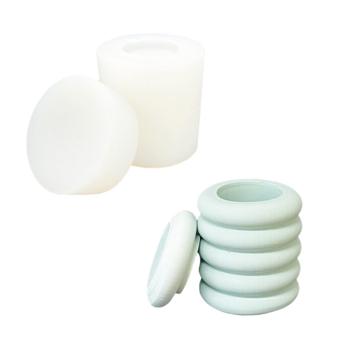Silicone mould for casting a donut-shaped Jesmonite pot with lid
