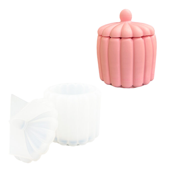 Silicone mould for casting a round striped Jesmonite storage box with lid