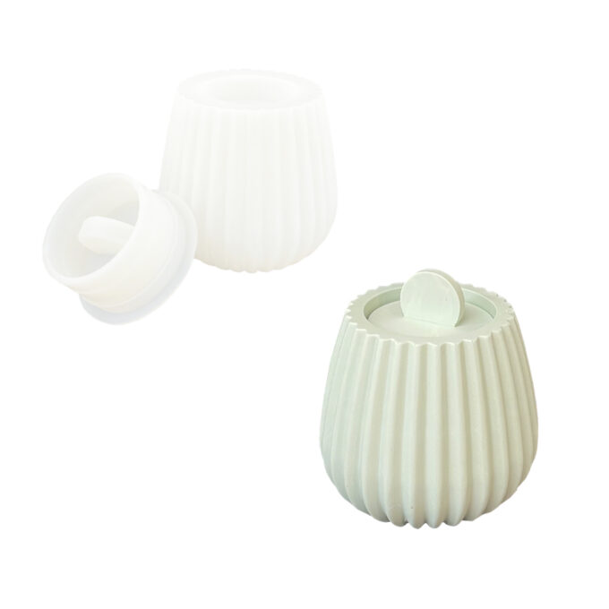Silicone mould for casting a pinstriped Jesmonite storage pot with lid