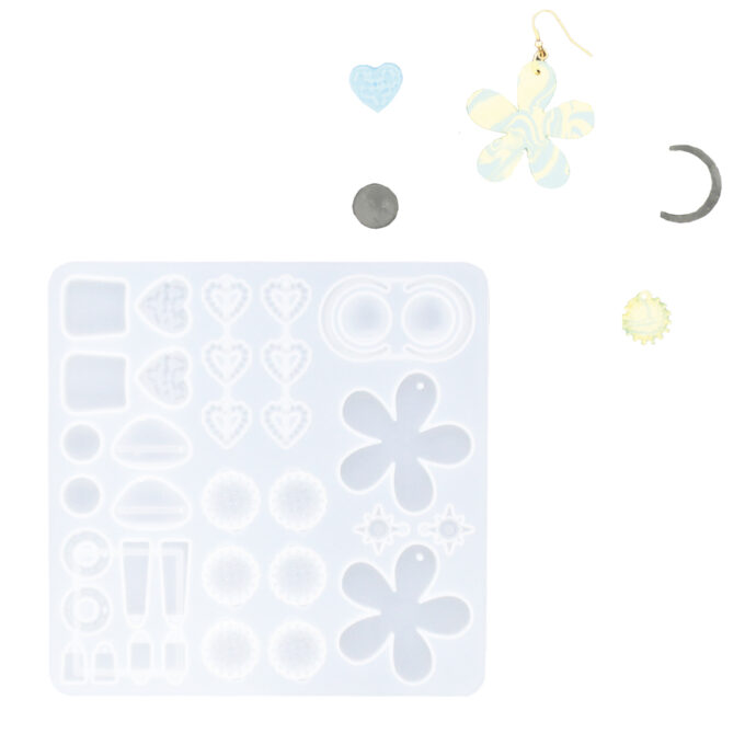 Silicone mould for casting a collection of Jesmonite earring shapes