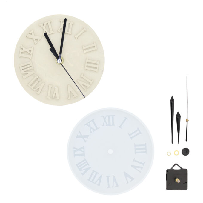 Silicone mould for casting a Jesmonite clock with Roman numerals and mechanism