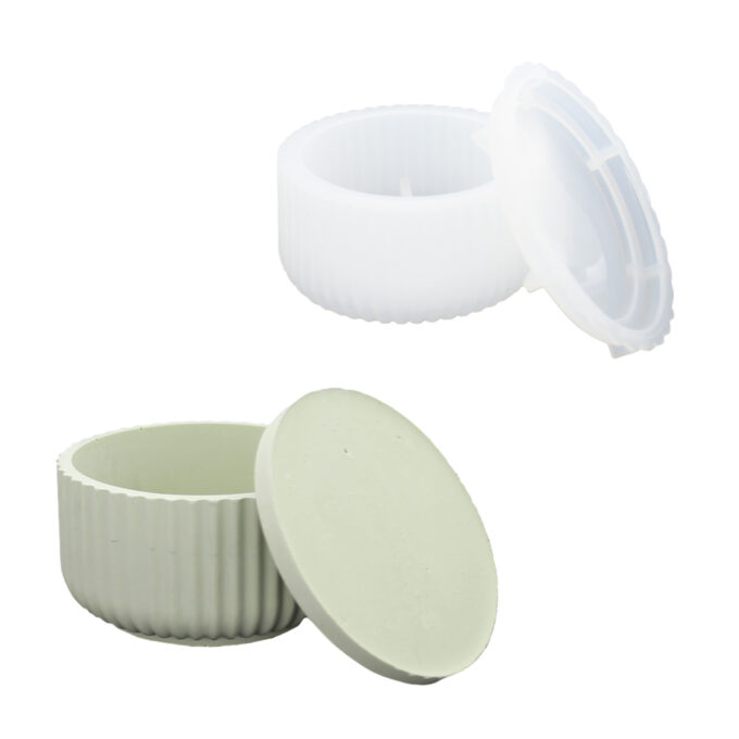 Silicone mould for casting a ribbed low Jesmonite pot with lid