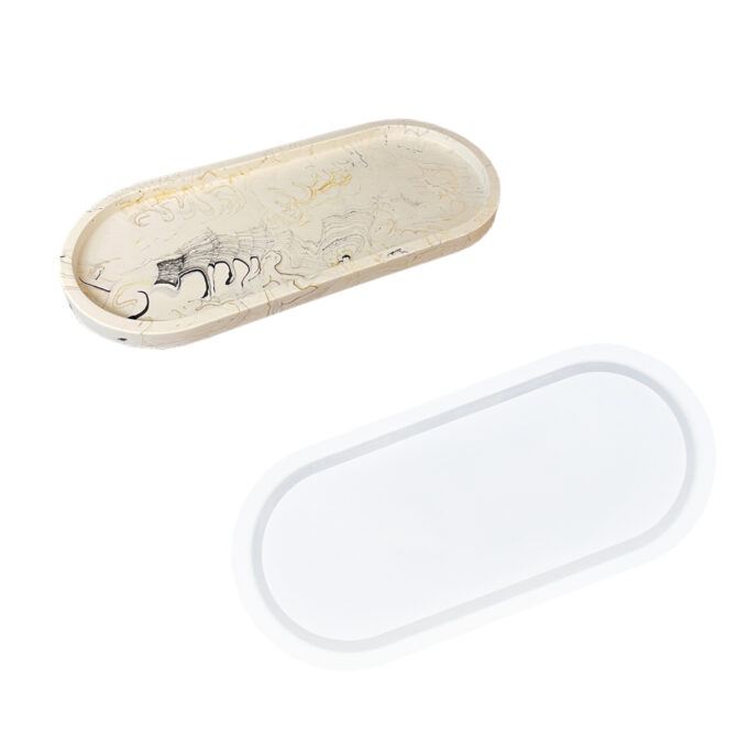 Silicone mould for casting a long oval tray in Jesmonite