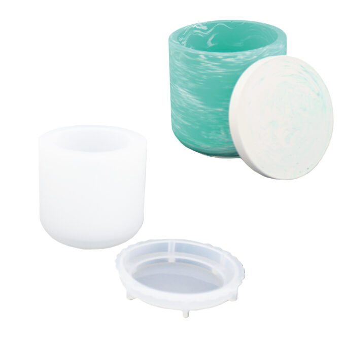 Silicone mould for casting a smooth round tall Jesmonite pot with lid