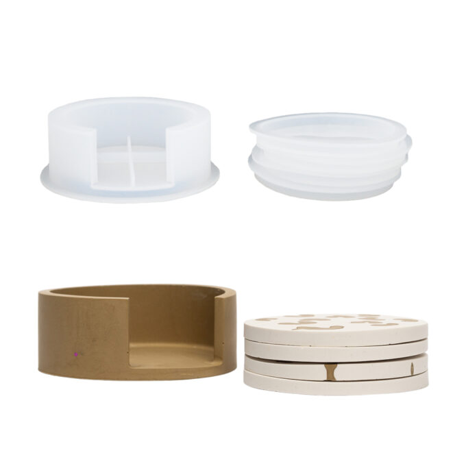 Silicone mould set for casting a Jesmonite holder with four round coasters