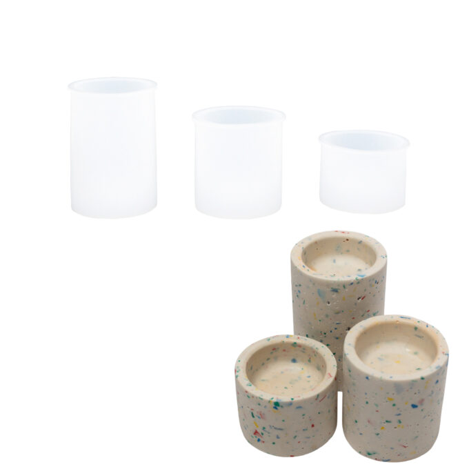 Silicone mould set for casting three tall cylinder Jesmonite candle holders