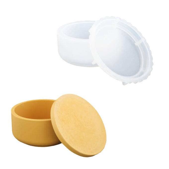 Silicone mould for casting a smooth low Jesmonite pot with lid