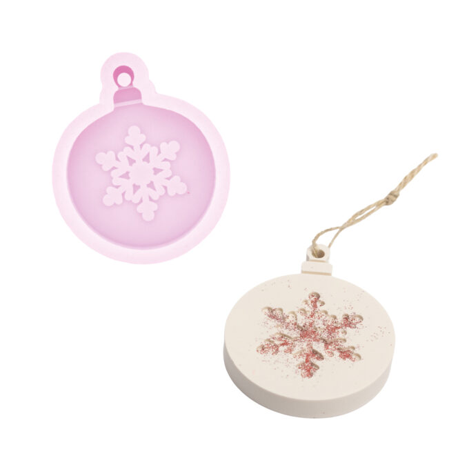 Silicone mould for casting a round Jesmonite snowflake hanging ornament