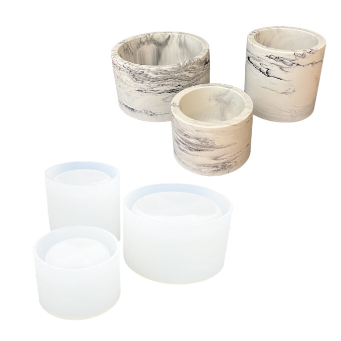 Silicone mould set for casting round flowerpots in Jesmonite