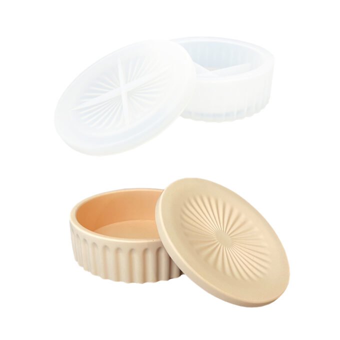 Silicone mould for a round stackable storage box with patterned lid, cast in Jesmonite