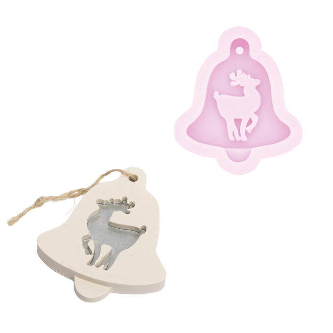 Silicone mould for casting a Jesmonite reindeer hanging ornament