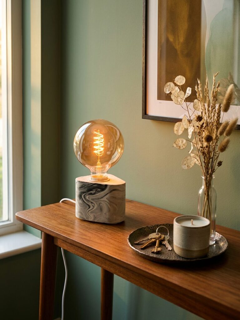 Triangle marbled Jesmonite lamp lit on a console table