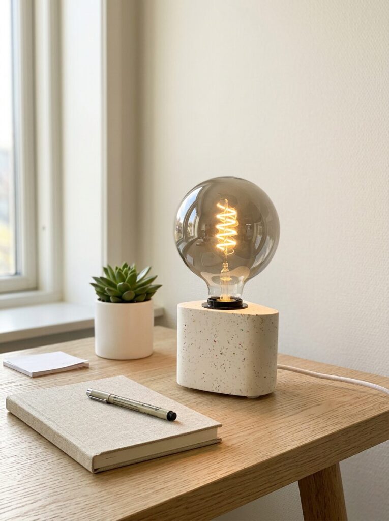 Cream terrazzo Jesmonite lamp lit on a desk