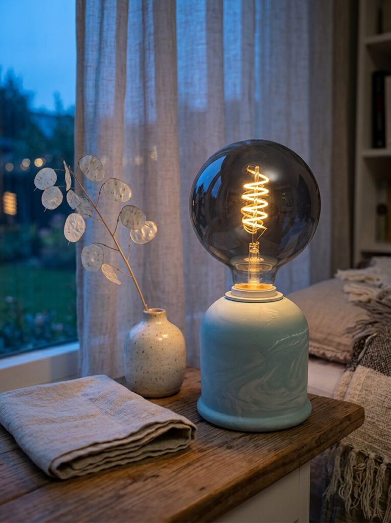 Round marbled Jesmonite lamp lit on a windowsill