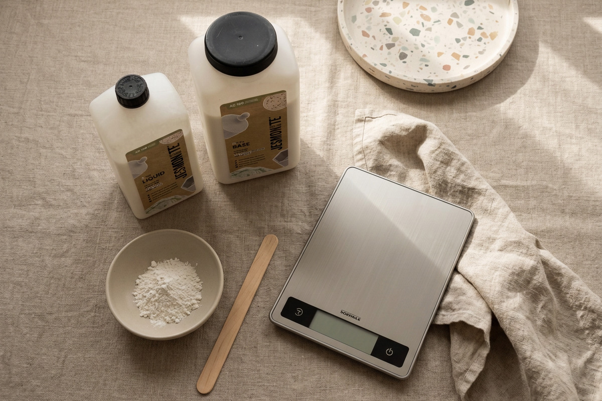 Jesmonite® base powder and liquid, the two parts you mix