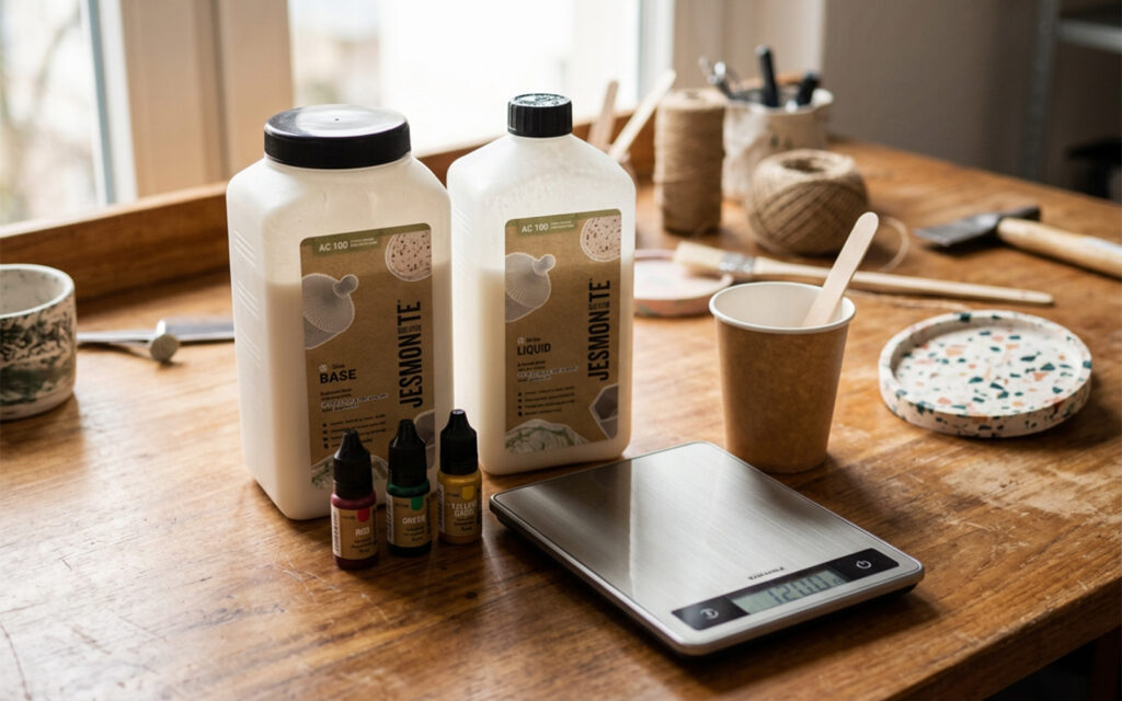 Two Jesmonite® bottles — liquid and base — next to a kitchen scale