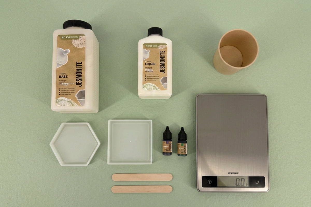 Kit per colata Jesmonite®: base, liquido, stampo, scaglie e pigmento