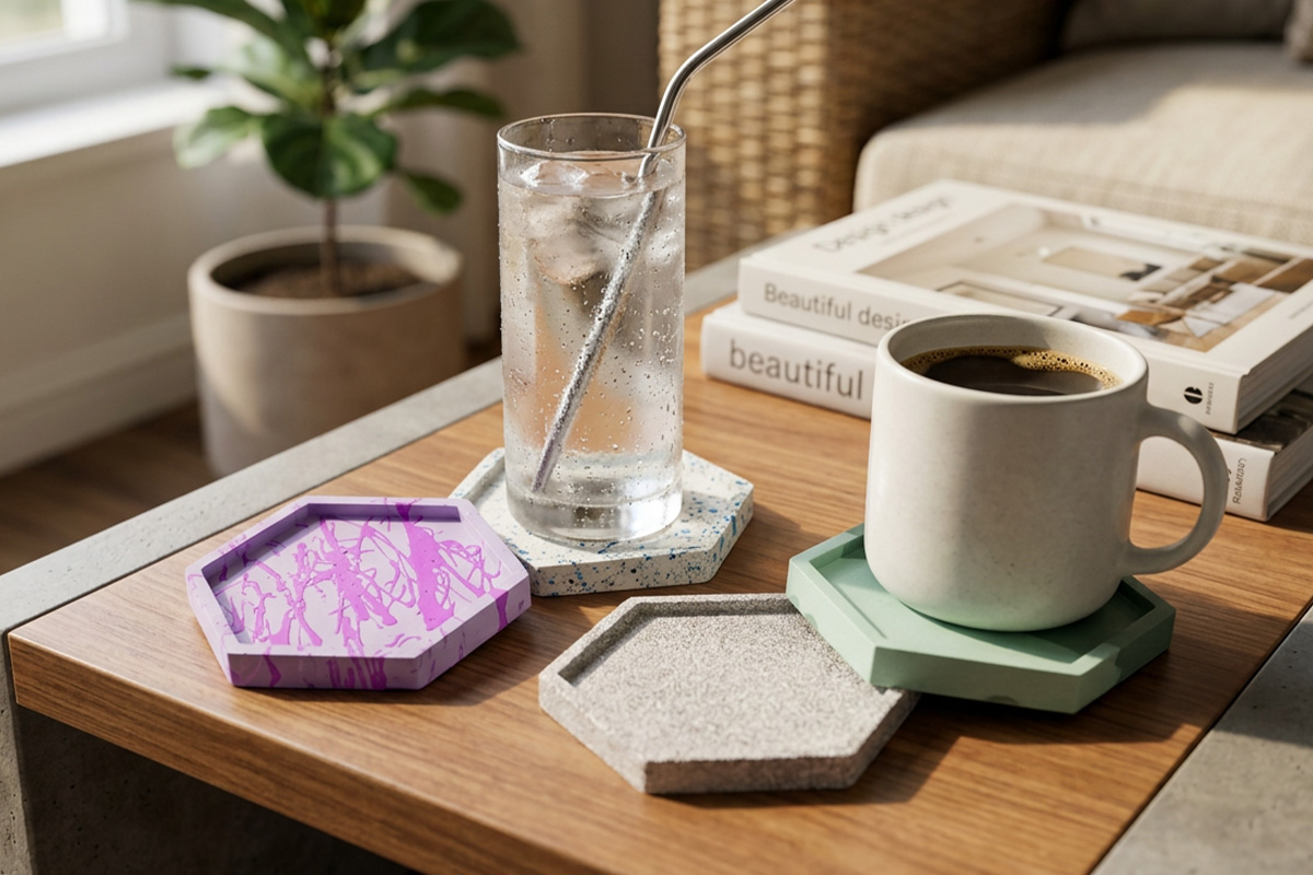 Jesmonite coasters in solid, marbled and terrazzo styles
