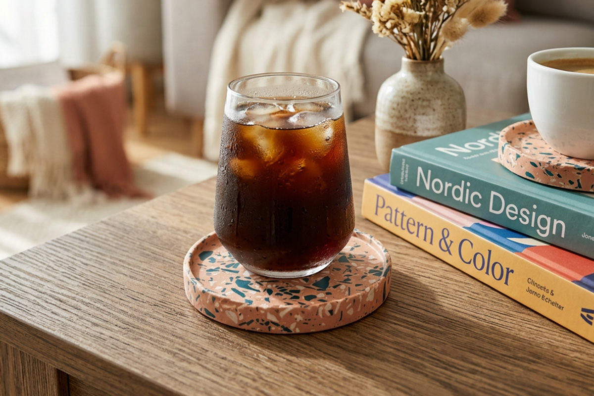 Sealed Jesmonite® coaster in use with a glass