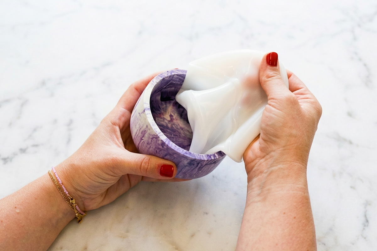 Releasing a Jesmonite cast from a flexible silicone mould