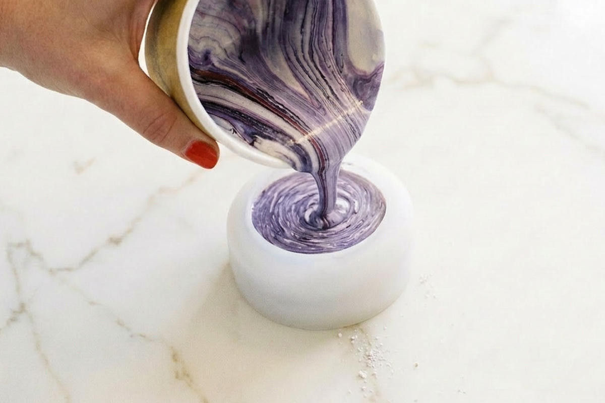 Pouring mixed Jesmonite® into a silicone mould