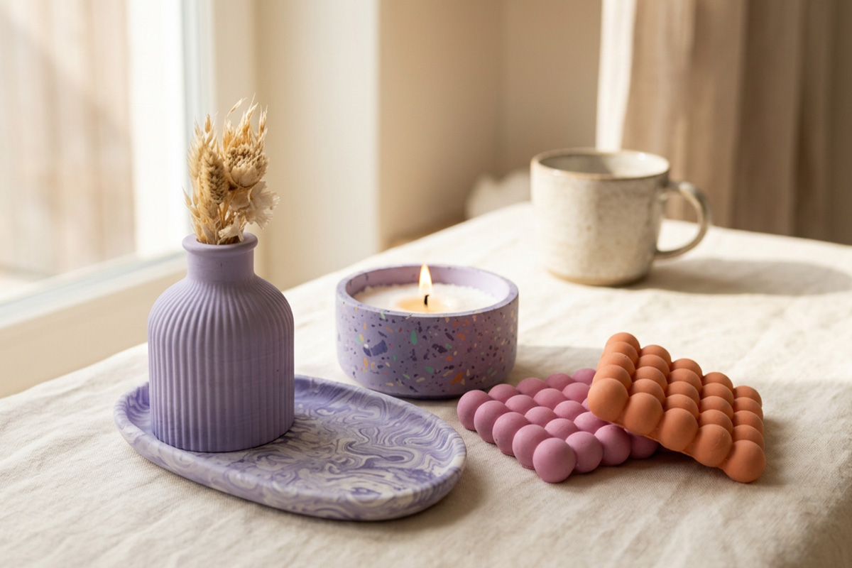 Objects made with Jesmonite®: coasters, tray and plant pot