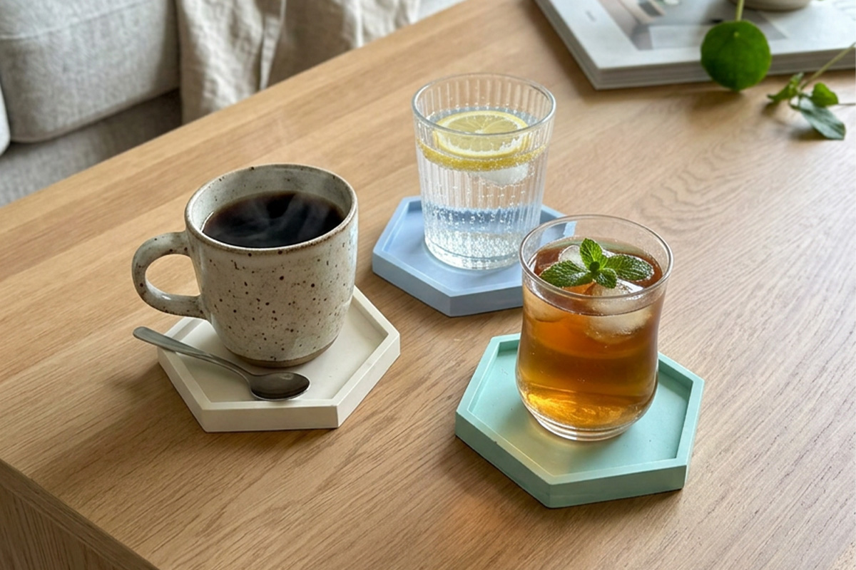 Dessous de verre Jesmonite® scellé, utilisé avec un verre