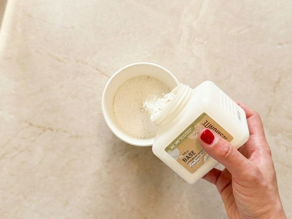 Weighing Jesmonite® liquid and base into one cup