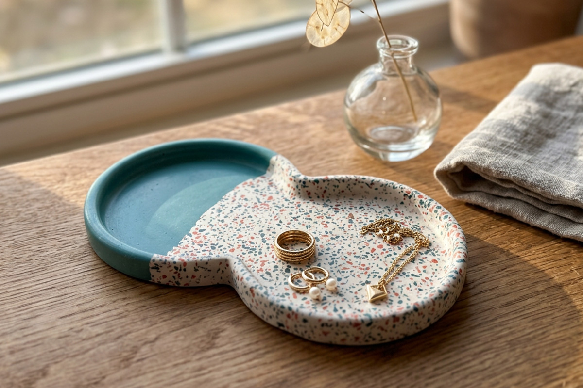 Jesmonite® imitation terrazzo, moulé avec StoneRoxx et GlassRoxx