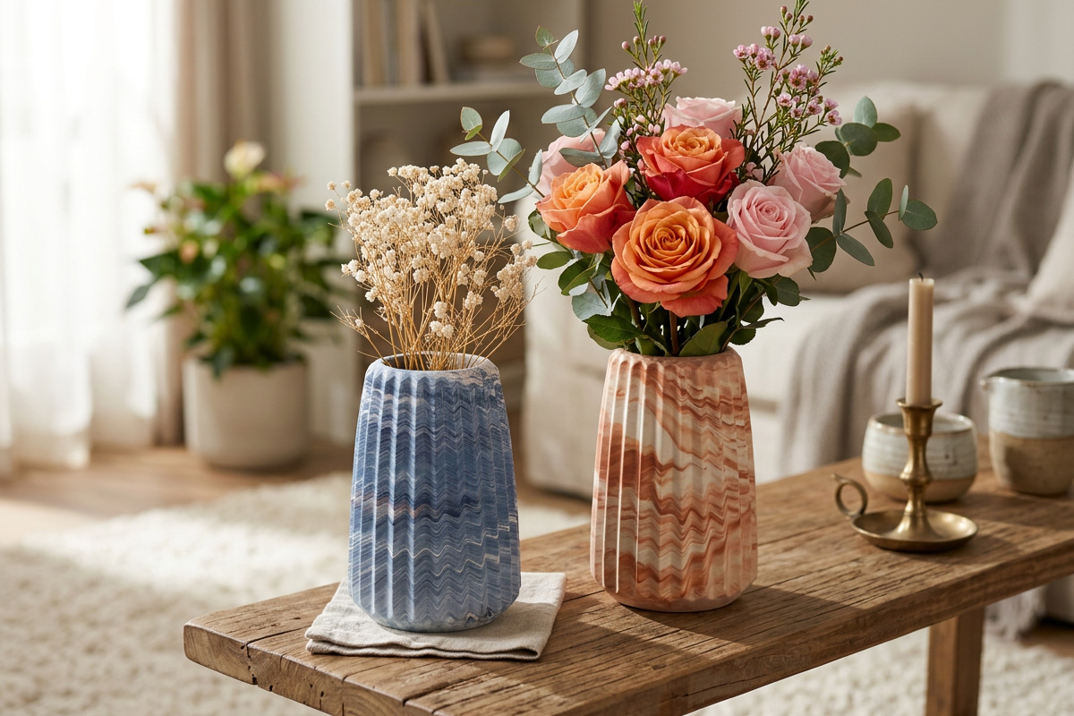 UN Jesmonite Un vase avec des fleurs séchées et un autre avec des fleurs fraîches