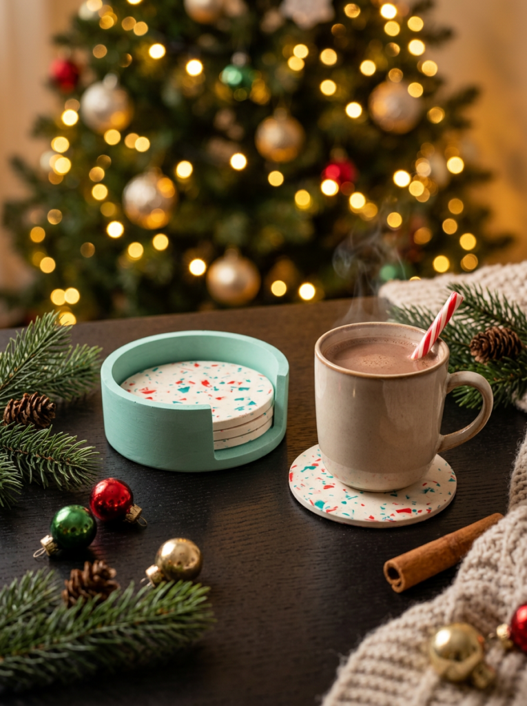 Des dessous de verre festifs en terrazzo à pois rouges et verts, à côté d'un chocolat chaud.