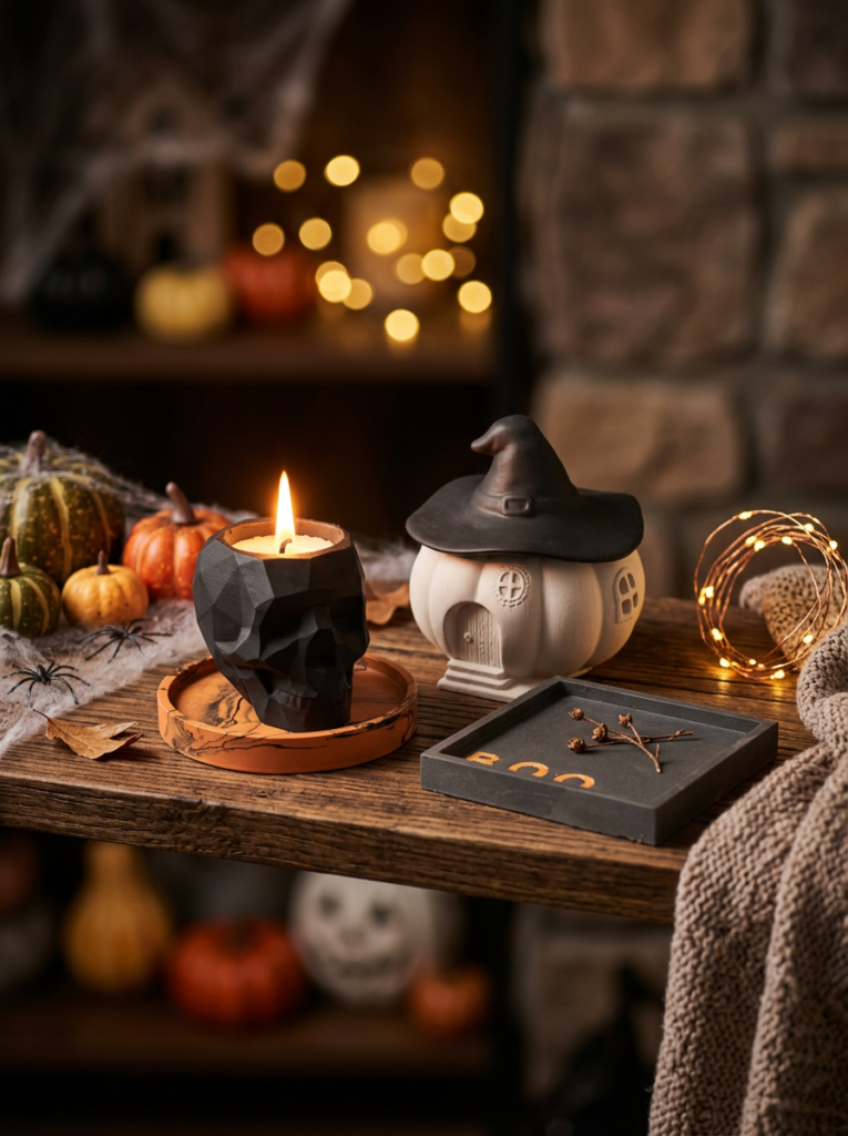 Decorazioni di Halloween “ Jesmonite ”: candela a forma di teschio, casetta di zucche con cappello da strega e un vassoio con la scritta “BOO”