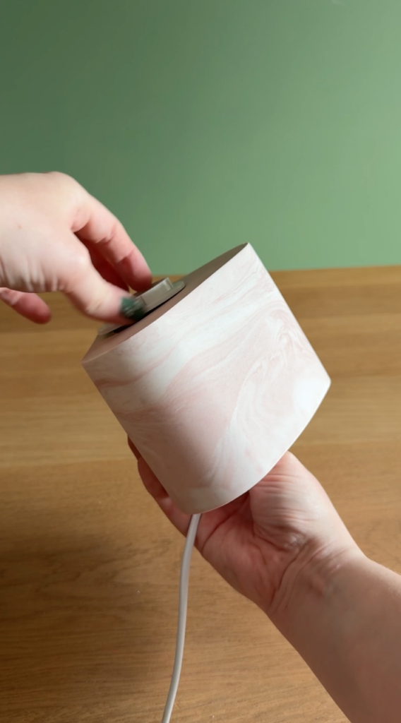 Feeding the cable through the Jesmonite lamp base