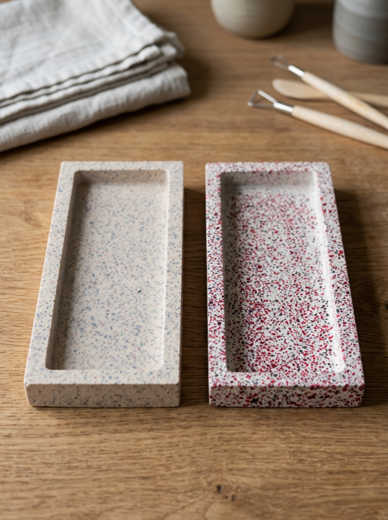 Terrazzo Jesmonite Schuurbakje voor en na het schuren, eerst verborgen en daarna zichtbaar.