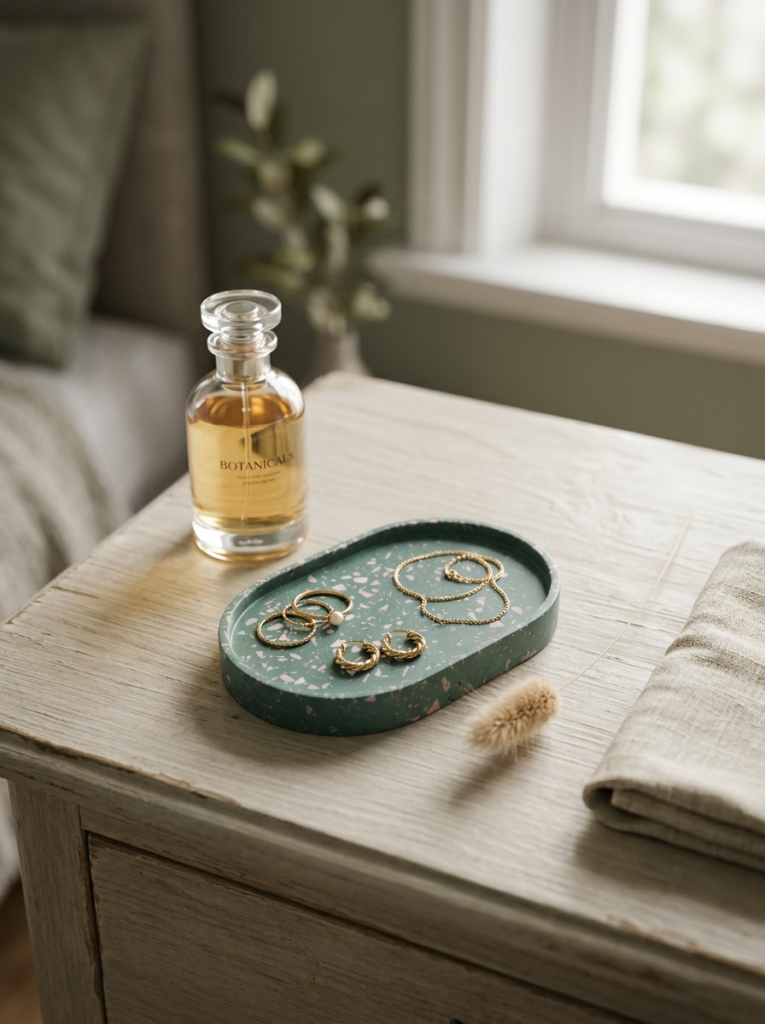 Green terrazzo Jesmonite trinket dish with jewellery
